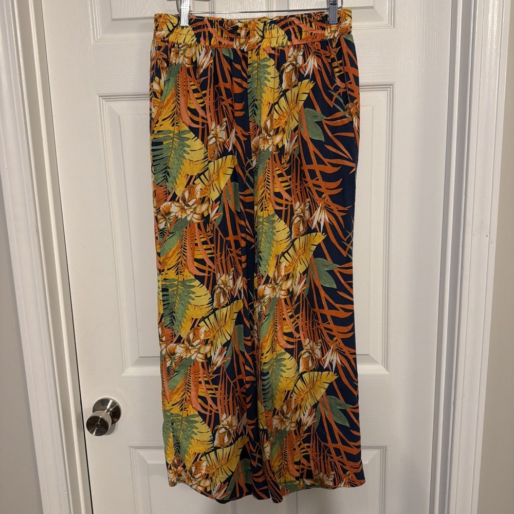 Panama Jack XL Wide Leg, Tropical Print Pants Pockets Linen Blend Beach Summer